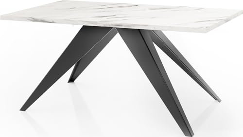 WFL GROUP Esstisch Vance im Modern Still, Rechteckig Tisch in Weißer Marmoroptik - Ausziehbar von 140 cm bis 240 cm, Pulverbeschichtete Schwarze Metallbeine - 140 x 80 cm - Marmor Weiß