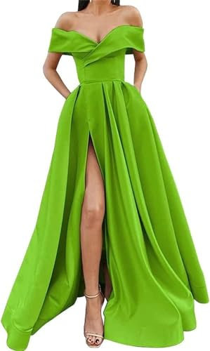 Vestido de fiesta formal de satén con hombros descubiertos y abertura para mujer, acampanado, espalda descubierta, con bolsillos, verde lima, 48