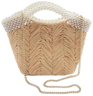 YMYGCC Stroh Strandtasche für Frauen Sommer Lady frische und süße Perle Griff Strohbag Damenbag Umhängetasche Crossbody -Tasche 489