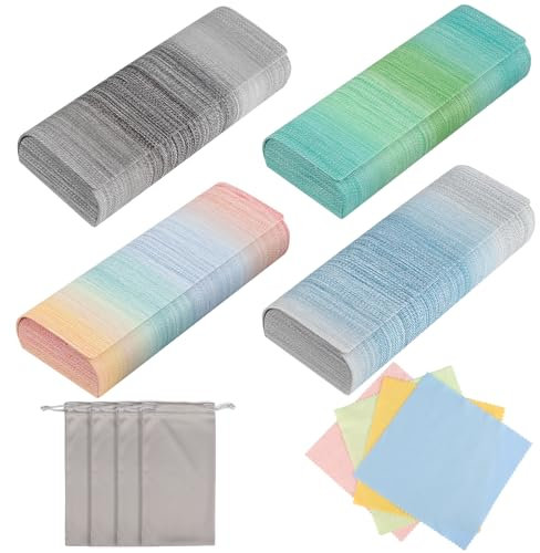 4 Stück Brillenetui Hardcase(mit Brillenputztuch und Doppeltem Kordelzug Aufbewahrungstasche), 4 Glasses Case mit Farbverlauf, Hartes Brillen Etui für Kurzsichtige, Alterssichtige und Sonnenbrillen