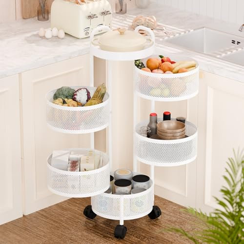 Estante de Almacenamiento Giratorio para Cocina de 5 Niveles Con Ruedas - Carrito Organizador de Cesta para Frutas y Verduras - Ahorro de Espacio en Despensa y Sala de Estar