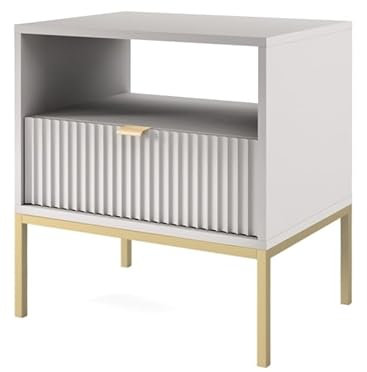 Emporius Beistelltisch 50 cm Galla - Nachttisch mit Schubladen, Nachtschrank, Telefontisch - Gold Griffen, geriffelten Fronten - Grau + Gold