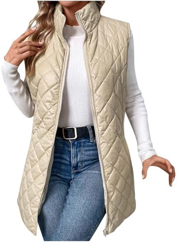 TheSosy Women's Quilted Gilet - Beige, Size L/XL, Plus, Long Length, Sleeveless, Zipper Closure, Fitted, Polyester, Autumn, Winter, Early Spring, Unlined, Not Water Resistant