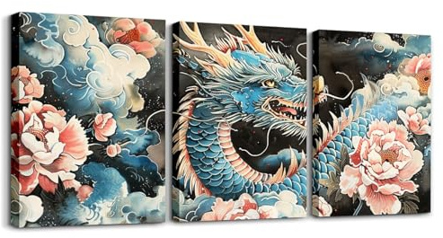 Loussiesd Antiker Drache 3er Poster Set für Schlafzimmer Moderne Retro Blume Leinwandbilder für Wohnzimmer Büro Leinwandbilder Japanische Drachenmalerei Gerahmte Mythische Kreaturen Wandbilder