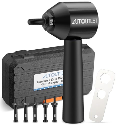 AUTOUTLET Adaptateur de Pistolet à Riveter Électrique pour Perceuse sans Fil Kit d'Adaptateur pour Perceuse à Écrou à Riveter 5 Mandrins M3 M4 M5 M6 M8 avec Poignée d'Économie de Main-d'Œuvre