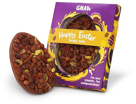 Totally Nuts Happy Easter Chocolate Slab Egg – Letterbox Friendly Flat Easter Egg with Hazelnuts, Pecans & Pistachios – Ethically Sourced, Single-Origin 40% Colombian Milk Chocolate, 135g