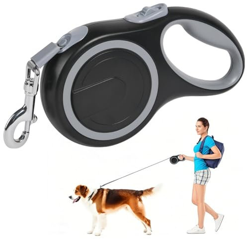 Aomig Rollleine für Hunde Hundeleine für Kleine Große Hunde 360° Verhedderungsfreier Ausziehbar mit Anti-Rutsch-Griff und Schnellbremskno Einziehbar Dog Leash für Training Spaziergänge (Grau-5m-50kg)