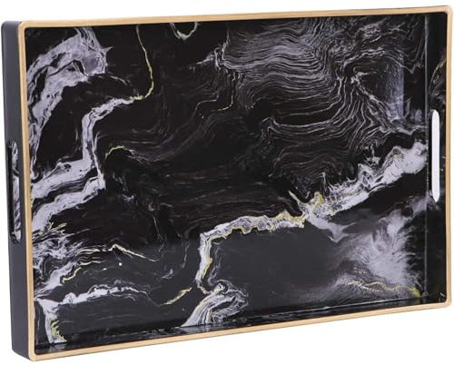 Simmer Stone Decorative Tray, Marbling Plastic With Handles, Rectangular Vanity And Serving For Bathroom, Kitchen, Ottoman And Coffee Table, 15.6” x 10.2” (Marbling Black)