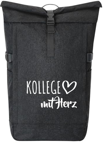 Huuraa Kurierrucksack Kollege mit Herz Geschenk | 30-44 Liter Backpack Black Melange Fairtrade Rolltop Rucksack Geschenkidee Schwarzer Laptop-Rucksack passend für 17-Zoll