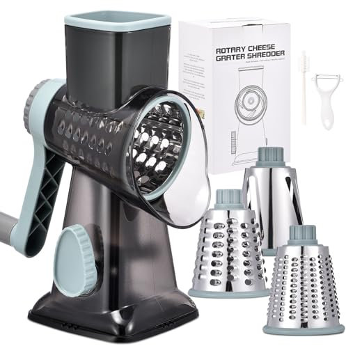 Ziweaye Rotary Cheese Grater Hand Crank Cheese Shredder Vegetable Mandoline Slicer for Kitchen 3 in 1 Changeable Blades for Cheese Potato Nuts Chocolate Ice(GreyBlue)