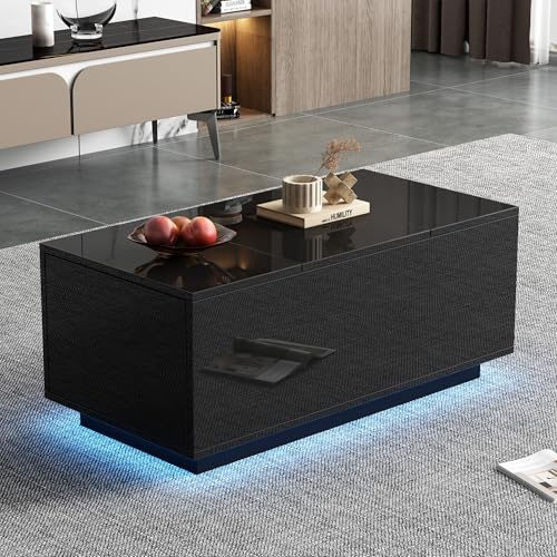 GigaXynium Couchtisch mit Hebeplatte, höhenverstellbar ausziehbar, Lift-Top-Tisch. Wohnzimmertisch mit 2 Schubladen, Sofatisch mit LED-Multifunktionaler Lift-up-Kaffeetisch, 95x48x40cm (Schwarz)