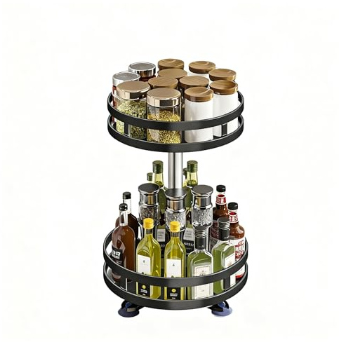 Tannest Gewürzregal Drehbar 2 Etagen, Lazy Susan Organizer, 360° Drehplatte Metall Gewürzregal Schwarz, Geeignet für Schränke, Geschirrräume, Küchen, Badezimmer, Garderoben Drehbares Organizer