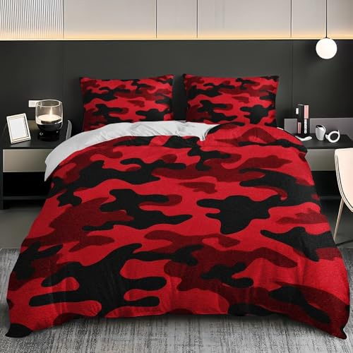 Moderne Camouflage-Kunst Bettwäsche Set 135x200 cm 3 Teilig, Weich Mikrofaser Schwarz Und Rot Bettbezug und 2 Kissenbezüge 80x80, Kein Bügeln und Verblasst Nicht Bettbezüge Set Für Familien, Kinder