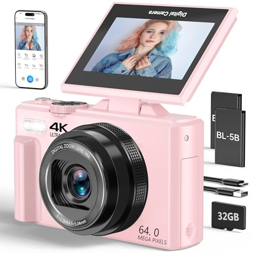 4K Digital Camera for Photography, 64MP Vlogging Camera for YouTube with 3 180° Flip Screen, 18X Digital Zoom Point and Shoot Camara with 32GB Micro SD Card for Beginner (LP)