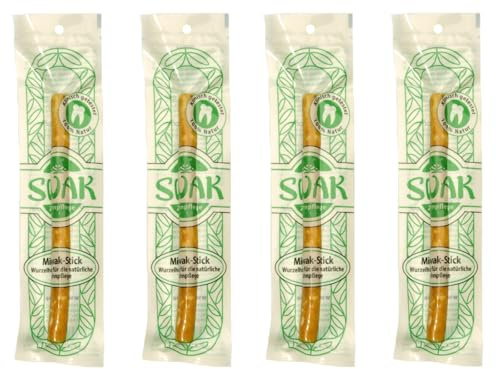 SWAK MISWAK Siwak, 100% Natur Zahnbürste, Zahnputzholz mit natürlichen Mineralstoffen und Gipskristallen für schonend saubere und weisse Zähne, klinisch getestet, (9-15 mm dick) Vegan (4 Stück)