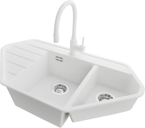 PRIMAGRAN Granitspüle ab 70er Unterschrank + Küchenarmatur, 90x50cm | Set: Küchenarmatur BW6020 + Ablauf-Set (Siphon, Ablaufgarnitur, Überlauf) + Spülbecken 1,5 Becken - Kopenhagen, Weiß