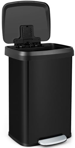 TANGZON 50L Recycling Pedal Bin, Stainless Steel Kitchen Bin (Black) | Soft Close Lid, Deodorant Box, Handle & Non-Slip Base, Hands-Free Fingerprint-Proof Waste Separation Trash Can