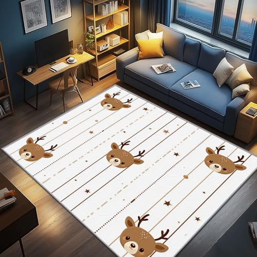 AevuCub REH Deko, Kinder Niedliche Hirsch Teppich 120x160 Kurzflor, Teppich Wohnzimmer Cartoon Waldtiere, Weich rutschfest Waschbare Teppiche, Bettvorleger Schlafzimmer Kinderzimmer