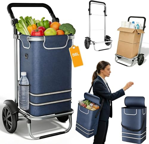 UISEBRT 3in1 Einkaufstrolley klappbar mit 56L groß Volumen,Multifunktionaler Einkaufsroller mit Kühlfach, Umhängetasche & Sackkarre in Einem,Hackenporsche Trolly Einkaufswagen Blau,1-Rad