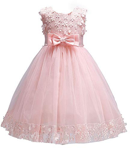 Discoball Robe de princesse pour fille, tulle avec nœud en dentelle, broderie pour fête d'anniversaire, mariage, demoiselle d'honneur, première communion pour filles de 1 à 10 ans, rose, 7-8 ans