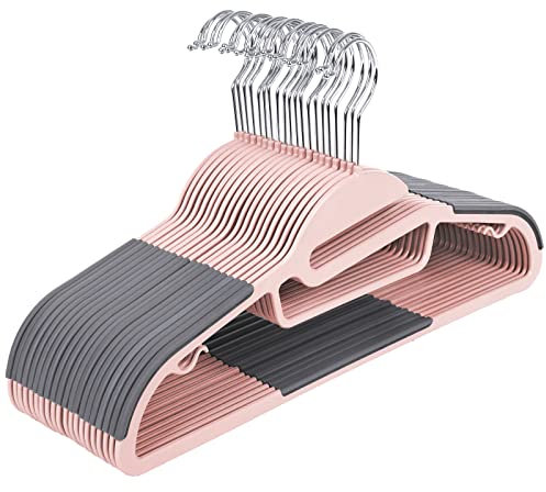 SONGMICS Kleiderbügel Kunststoff, 20er Set, Bügel mit U-förmiger Öffnung, platzsparend, 0,5 cm dick, 41,5 cm breit, um 360° drehbarer Haken, rosa-dunkelgrau CRP041P01