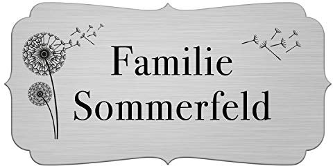 Briefkastenschild mit Gravur - Namensschild selbstklebend (3M) - Türschild personalisiert mit Namen - kratzfest, UV- und witterungsbeständig, Edelstahl Optik, Pusteblume