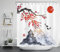 LB japanisch Duschvorhang 180x200cm Rote Kirschblüte und Sonne Antischimmel Wasserdicht Badezimmer Vorhänge, Schwarzgrauer Berg und Koi Extra Lange Polyester Stoff Bad Vorhang mit Haken