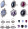 SUNNYCLUE 12 Stück 6 Stile Antik Silber Ring Fassungen Verstellbar Leer Hohl Blume Oval Rund Mit Bunten Edelstein Cabochons Ringherstellungsset Für DIY Schmuckherstellung Bastelbedarf