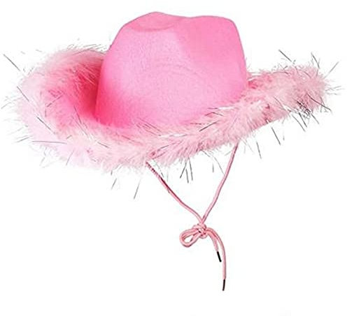 Qtinghua Cowboyhut für Damen, flauschiger Federbesatz, Halloween-Kostüm, Cowgirl-Hut für Cosplay, Kostümparty, Rollenspiel, Geburtstagsparty, Rosa mit strahlenden Fusseln, Weiß, Rosa, Einheitsgröße