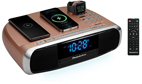 Studebaker Workstaton Sistema musicale HiFi con radio FM, CD e stazione di ricarica wireless Qi (oro rosa)