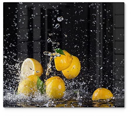 DEQORI Herdabdeckplatte Glas | einteilig 60x52 cm | Motiv Zitronen und Wasserperlen | Ceranfeld Abdeckplatte für Küche | Herd-Abdeckung universal | Glasplatte & Schneidebrett für Kochplatten
