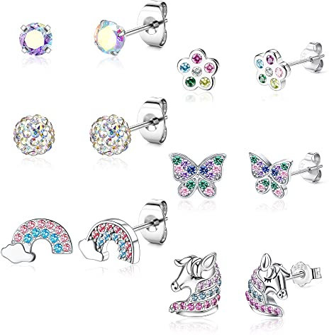 CASSIECA 6 Paar Ohrstecker 925 Sterling Silber Mädchen Kinder Ohrschmuck Medizinische Ohrstecker Herz Blume Ohrringe Buntes CZ Kommunion Geburtstag Geschenke Weihnachten in Schmuck Geschenk Box