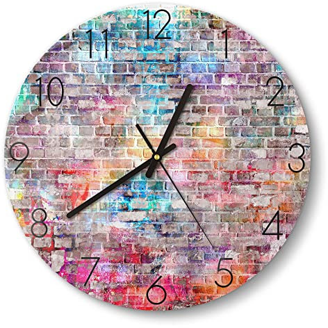 DEQORI Glasuhr | rund Ø 30 cm | Motiv Ziegelmauer mit Graffiti | ausgefallene leise Design Uhr aus Glas | Wanduhr für Wohnzimmer & Küche | moderne Hingucker Uhr für die Wand