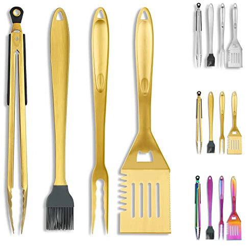 Kyraton Gold Grill Accessories Kit 4 Piece, Griddle Accessories Set, Titanium Golden Plating Stainless Steel Handle - Heat Resistant and No Melt, Great for Outdoor BBQ, Teppanyaki, Camping
