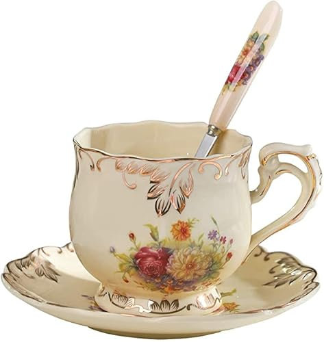 Pastoral Rose Teetasse Untertasse Löffel Set Europa Porzellan Kaffeetasse 200 ml Becher Tablett Cafe Tumbler Party Trinkgeschirr (Tasse, Untertasse und Löffel, A)
