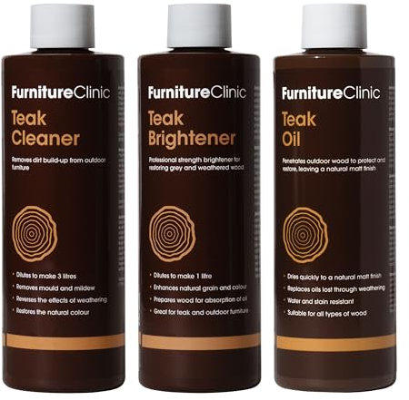 Furniture Clinic Teak Care Kit - Restorer & Cleaning of Outdoor Wooden Garden Furniture - Wood Cleaner & Restoration Treatment - Contains Teak Oil, Teak Cleaner, & Teak Brightener