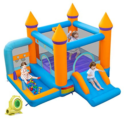 COSTWAY Castello Gonfiabile 5 in 1 con Soffiatore 735W, Casa Gonfiabile per Bambini con Scivolo, Trampolino, Piscina e 50 Palline, Lancio di Anelli e di Palline, Canestro da Basket, 337x325x256 cm
