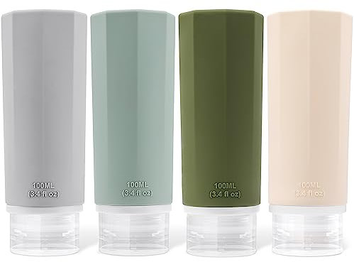 Opret 4 Stück Silikon Reiseflaschen Set, 100ml Reiseflaschen zum Befüllen Kosmetik Shampoo Flüssigkeiten, Auslaufsicher Nachfüllbare Leer Reiseset Reisegröße Behälter Travel Bottles Set Travel Kit
