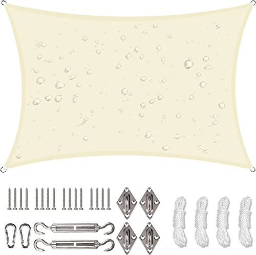 NAKIHOUSE Sonnensegel Wasserdicht mit Befestigungs Kit, 2 x 4 m UV Schutz Sonnenschutz Segel für Garten, Balkon & Terrasse (Beigeweiß)