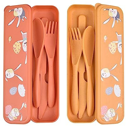 Set di 2 Set Posate da Viaggio con Custodia - Simpatico Motivo A Coniglio, Portaposate da Viaggio Posate Plastica Riutilizzabili Posate Portatili per Viaggio Picnic Scuola (Arancione + Giallo)