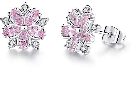 Orecchini a perno rosa con fiori di ciliegio con zirconia cubica per donne e ragazze, delicati strass di cristallo, piccolo fiore, cartilagine, trago, orecchini a perno per piercing all'orecchio,