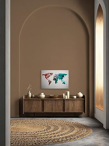 A.S. Création Leinwandbild Weltkarte mit Kontinenten - Kunstdruck blau rot - 90x60 cm Querformat - Moderne Wanddekoration Schlafzimmer Wohnzimmer Küche - Bild auf Keilrahmen