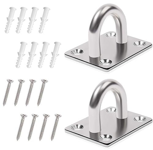 Fokelyi Square Pad Eye Plate, 2 Pcs Stainless Steel Ceiling Hooks with 8 Screws and Plastic Plugs Heavy Duty Pad Eye Plate Metal Suspension U Hooks for Wall Ceiling Hanging