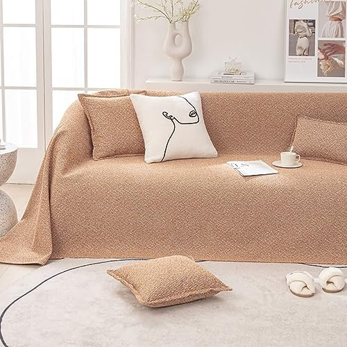 Sofabezug 4 Sitzer, Chenille Sofaüberwurf Decke Couch Matte, einfarbige Farbe Braun, 210x400CM