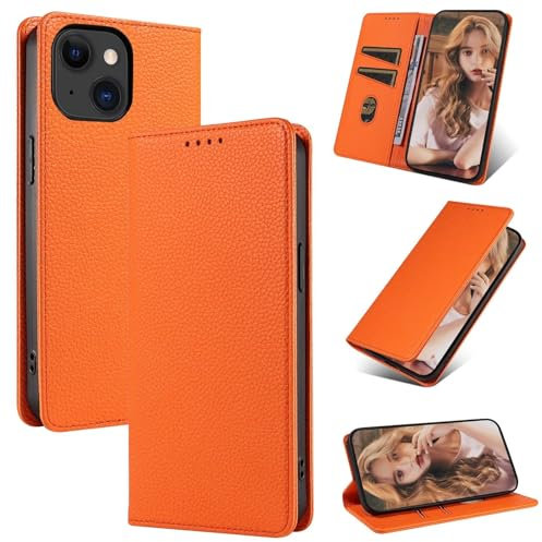 GoodcAcy for iPhone 15 Plus Case, 2 Card Slots Kickstand Magnetic Closure Shockproof Protective Phone Case for iPhone 15 Plus - Orange