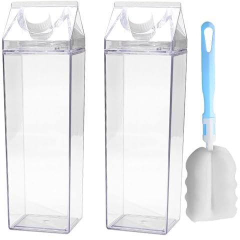 Sayudar 2 Pack Milk Carton Water Bottle, 1000ML Transparent Plastic Portable Leak-proof Square Milk Bottle, Creative Leak-proof Juice Bottle with Brush, Suitable for Outdoor Sports Travel Camping