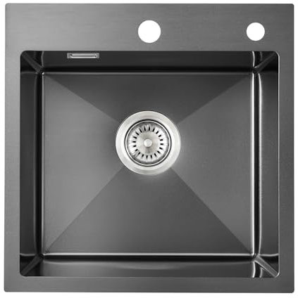 KINKIBOS Spülbecken Edelstahl 304 Eckig Schwarz Grau 45 x 45 cm, Spülbecken Küche, Einbauspüle mit Hahnloch und Überlauf (Ohne Siphon), Küchenspüle 1 Becken, Küche Spüle für 50 cm Unterschrank