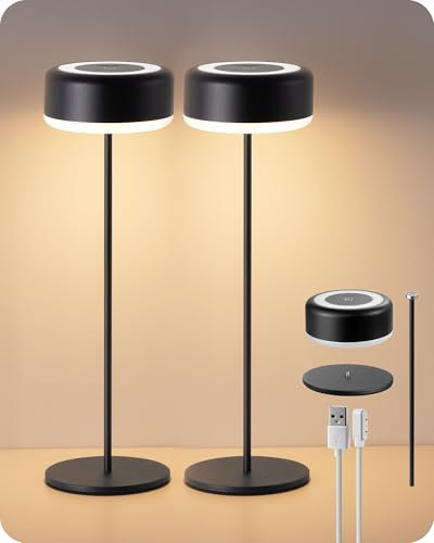 EDISHINE LED Tischlampe Kabellos, Nachttischlampe 2er Set Akku, Touch Dimmbar, Outdoor Lampe Batterie, IP54 Wasserdicht, 4400 mAh, Tischleuchte für Innen und Außen, Schwarz