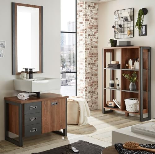 Furn.Design Badmöbel Set in Eiche Stirling und grau Matera Badkombination 3-teilig Waschbeckenunterschrank, Spiegel und Regal im Industrial Desgin 191 x 205 cm Auburn (Set 2)