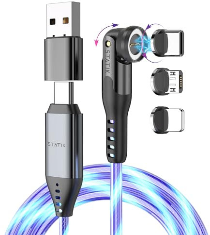Statik 360 Pro Magnetic Charging Cable - Fast Charger USB C Charger Cable, Phone Charger 3 in 1 USB C to USB C, Micro USB & iProduct Tips, USB A Adapter - 100W GloBright 6FT/2M